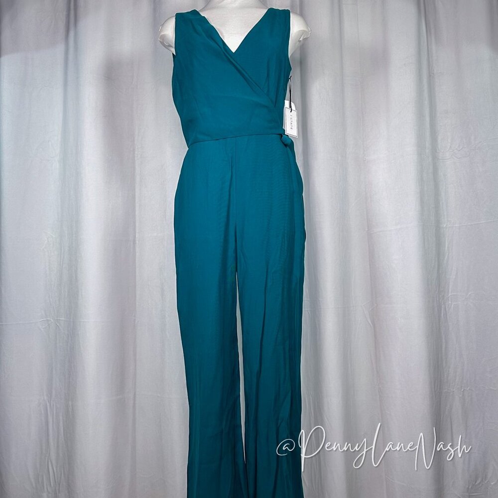 NWT 1.State Sleeveless Twill V Neck Wrap Jumpsuit Teal Size 2 - Picture 3 of 15